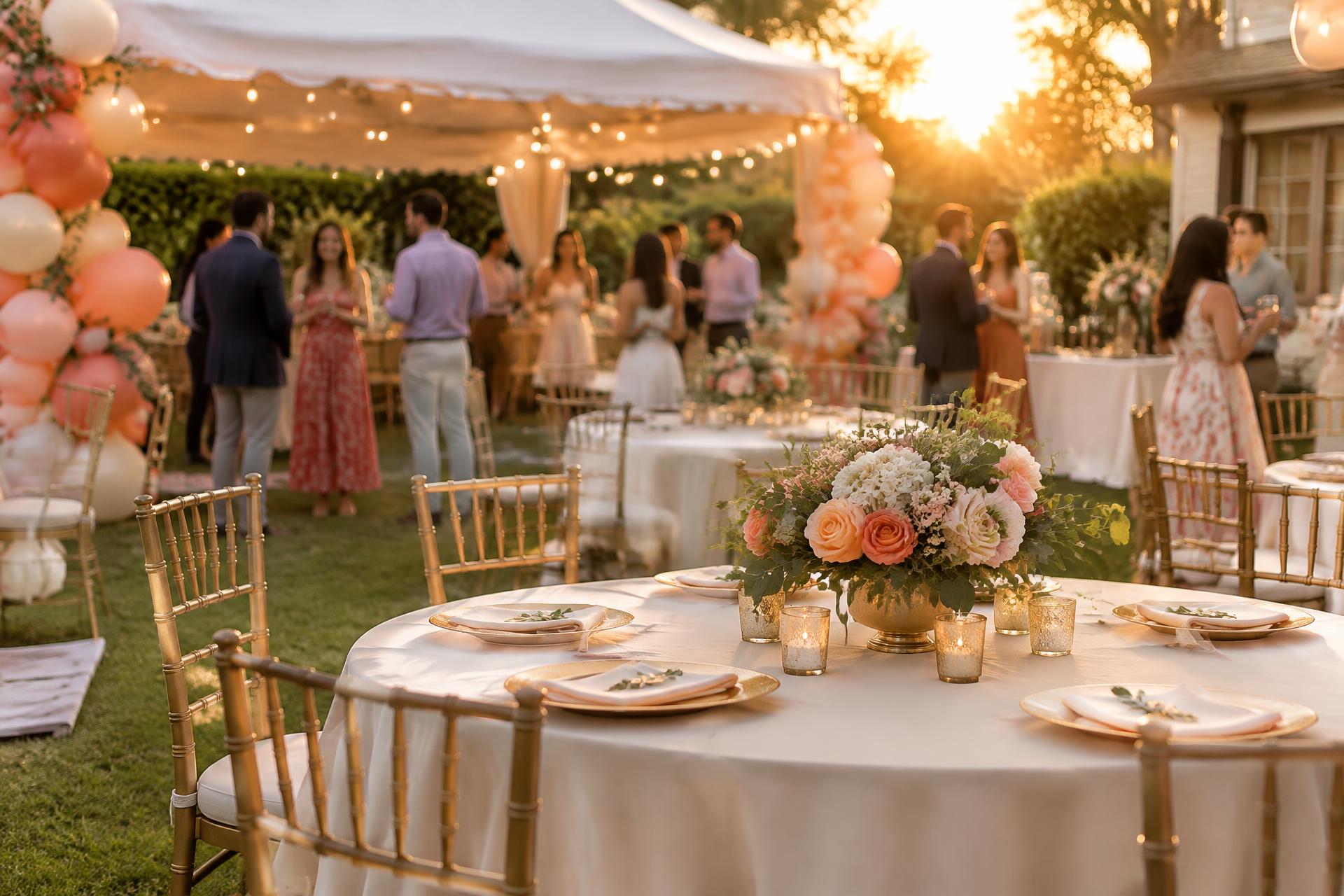A warm backyard party with tables, string lights and balloons